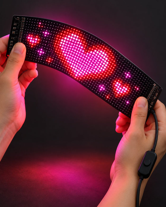 Hands bending the lit flexible LED panel showing a pink pixel heart