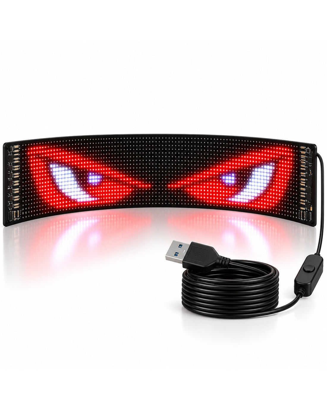 Flexible LED panel curved, lit with glowing red-and-white pixel eyes, with its USB cable and switch