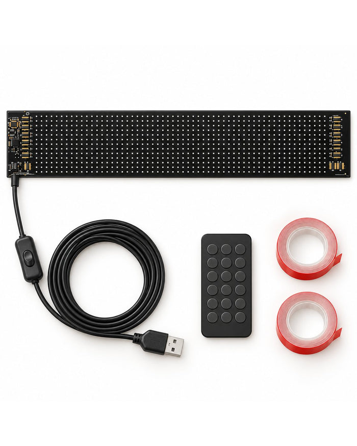 In the box: the LED panel, USB cable with switch, remote control and mounting tape