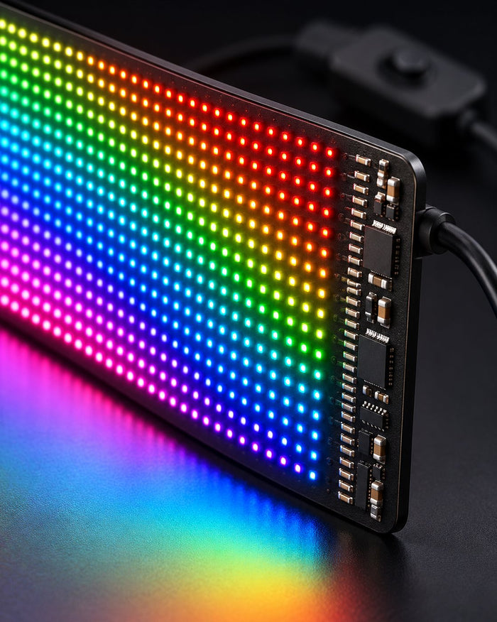 Close-up of the tiny RGB LEDs of the flexible panel